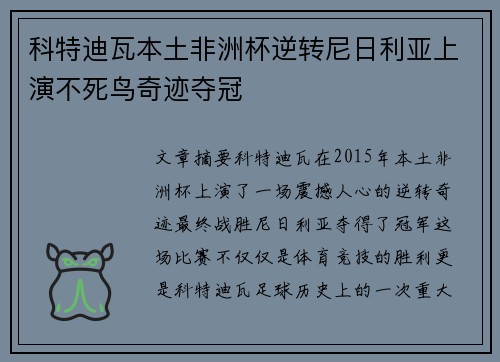 科特迪瓦本土非洲杯逆转尼日利亚上演不死鸟奇迹夺冠