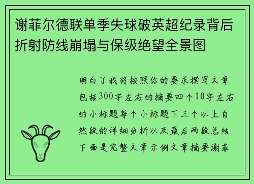 谢菲尔德联单季失球破英超纪录背后折射防线崩塌与保级绝望全景图